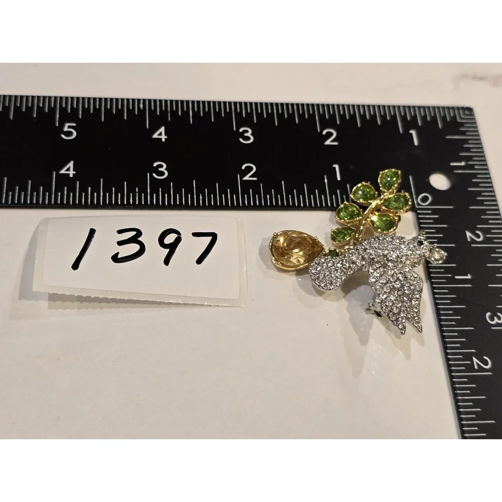 Talbots Jeweled Bird Brooch Rhinestone Green Crystal Branch Pin Figural #1397